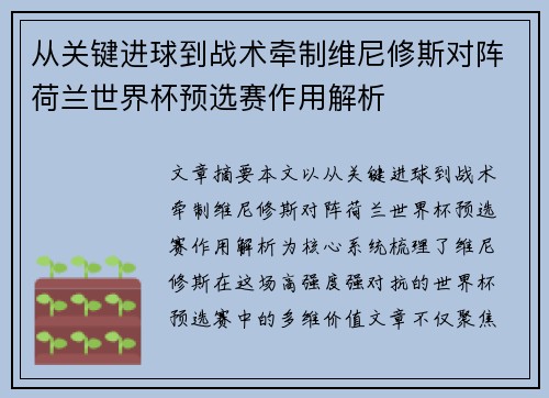 从关键进球到战术牵制维尼修斯对阵荷兰世界杯预选赛作用解析