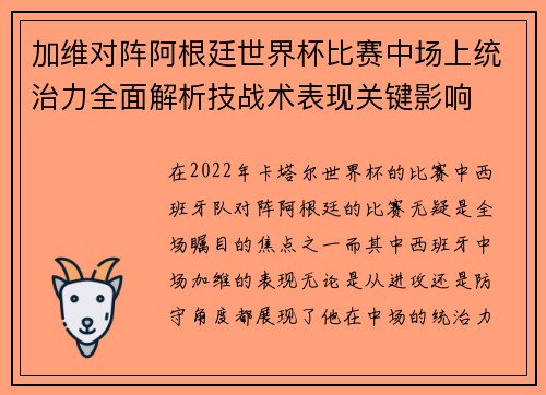 加维对阵阿根廷世界杯比赛中场上统治力全面解析技战术表现关键影响